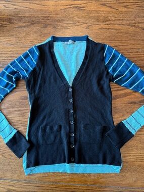 Smartwool Edgewood Striped V-Neck Cardigan Sweater Blue Black M